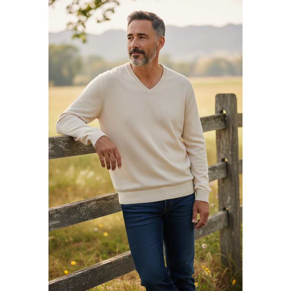 Hugo Boss Mens Cream V Neck Long Sleeve Sweater Knit Top Size Medium